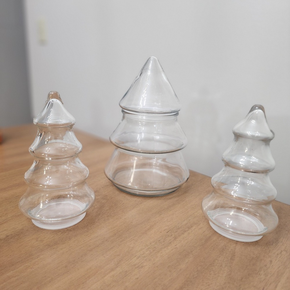Anchor Hocking Glass Christmas Trees 7" and 9" Tall Jar Canister W/ Lid Set of 3